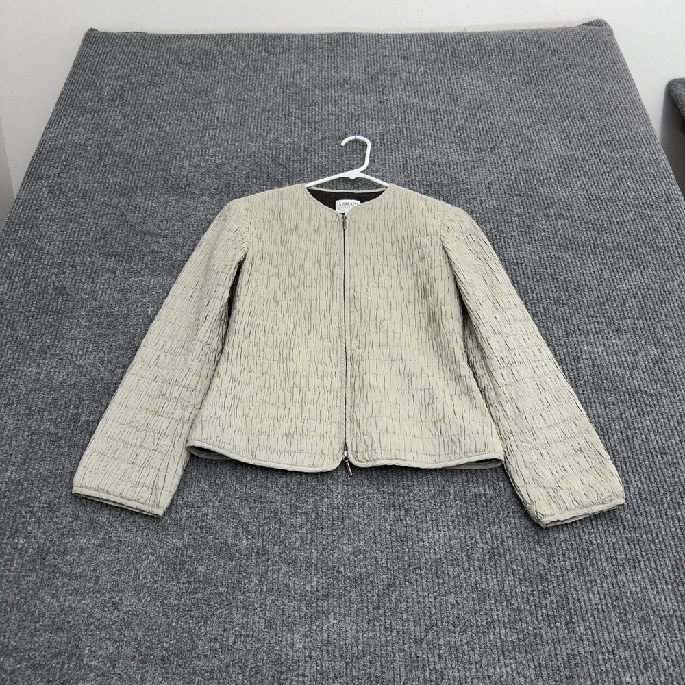 Armani Collezioni Jacket Womens 2 Beige Silk Wool Crinkle Textured Full Zip Chic